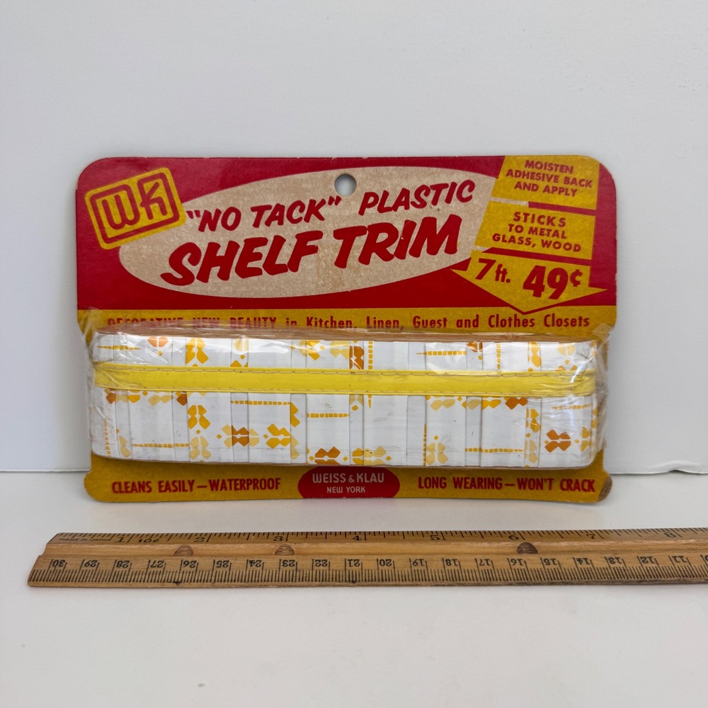 Vtg Weiss and Klau NY No Tack plastic shelf trim yellow orange designs prop